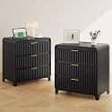 Fluted Black Night Stand Set of 2, 24" Wide Wood Nightstand with Charging Station and 3 Drawers, Large Modern Night Stand End Table Bedside for Bedroom, Silent-Close Slide Rails, Black