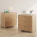 Fluted Natural Oak Nightstand Set of 2, 24 Inch Bedside Table with Charging Station, Wood Night Stand with 3 Drawers and Silent-Close Slides, Modern End Table for Bedroom, Natural