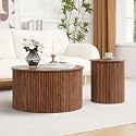 Fluted Round Nesting Coffee Table Set of 2 Circle Center Table Living Room