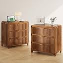 Fluted Walnut Night Stand Set of 2, 24" Wide Wood Nightstand with Charging Station and 3 Drawers, Large Modern Night Stand End Table Bedside for Bedroom, Silent-Close Slide Rails, Walnut