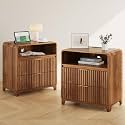 Fluted Walnut Nightstand Set of 2, 24" Wide Wood Nightstand with Charging Station and 2 Drawers, Modern Night Stand Bed Side End Table for Bedroom, Living Room,Walnut