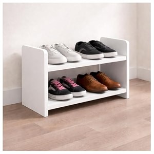 flux white two-tier shoe rack 50x20x315 cm  particleboard with laminate finish  space-saving organizer shelf with two shelves for home office kitchen laundry storage do it yourself diy