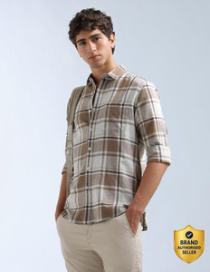 FLYING MACHINE Men Checkered Casual Beige Shirt