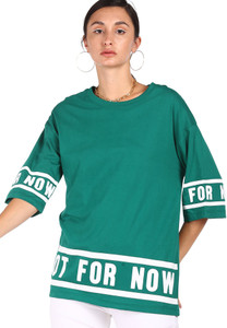 flying machine women typography round neck cotton blend green t-shirt