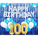 Flyloons 100th Birthday Decoration items for Girls with Blue and White Balloons, Silver Happy Birthday Banner, Blue Foil curtains, Foil Balloon number 100