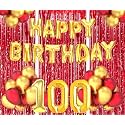 Flyloons 100th Birthday Decoration items for Girls Boys Husband Wife Valentine with Gold and Red Balloons, Golden Happy Birthday Banner, Red Foil curtains, Foil Balloon number 100