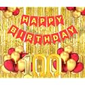 Flyloons 100th Birthday Decoration items for Girls Boys Husband Wife Valentine with Gold and Red Balloons, Red Happy Birthday Banner, Golden Foil curtains, Foil Balloon number 100