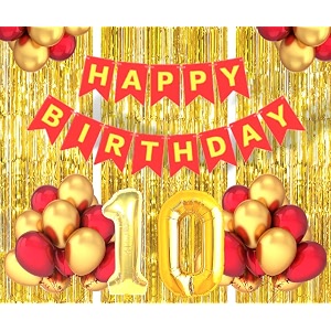 flyloons 10th birthday decoration items for girls boys husband wife valentine with gold and red balloons red happy birthday banner golden foil curtains foil balloon number 10