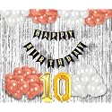 Flyloons 10th Birthday Decoration items for Girls with Rose Gold and White Balloons, Black Happy Birthday Banner, Silver Foil Curtain, Foil Balloon number 10