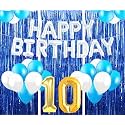 Flyloons 10th Birthday Decoration items for Girls with Blue and White Balloons, Silver Happy Birthday Banner, Blue Foil curtains, Foil Balloon number 10