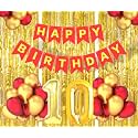 Flyloons 10th Birthday Decoration items for Girls Boys Husband Wife Valentine with Gold and Red Balloons, Red Happy Birthday Banner, Golden Foil curtains, Foil Balloon number 10