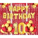 Flyloons 10th Birthday Decoration items for Girls Boys Husband Wife Valentine with Gold and Red Balloons, Golden Happy Birthday Banner, Red Foil curtains, Foil Balloon number 10