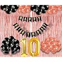 Flyloons 10th Birthday Decoration items for Girls with Black and Rose Gold Balloons, Black Happy Birthday Banner, Rose Gold Foil Curtain, Foil Balloon number 10