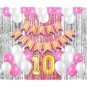 Flyloons 10th Birthday Decoration items for Girls with Pink and White Balloons, Pink Happy Birthday Banner, Pink and Silver Foil Curtain, Foil Balloon number 10