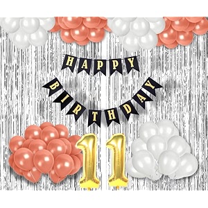 flyloons 11th birthday decoration items for girls with rose gold and white balloons black happy birthday banner silver foil curtain foil balloon number 11