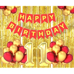 flyloons 11th birthday decoration items for girls boys husband wife valentine with gold and red balloons red happy birthday banner golden foil curtains foil balloon number 11