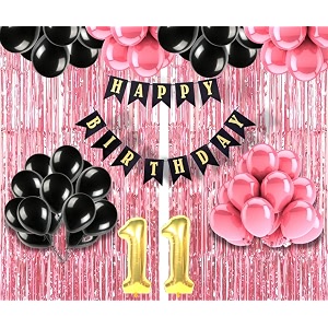 flyloons 11th birthday decoration items for girls with black and pink balloons black happy birthday banner pink foil curtain foil balloon number 11
