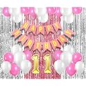 Flyloons 11th Birthday Decoration items for Girls with Pink and White Balloons, Pink Happy Birthday Banner, Pink and Silver Foil Curtain, Foil Balloon number 11