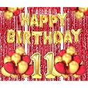 Flyloons 11th Birthday Decoration items for Girls Boys Husband Wife Valentine with Gold and Red Balloons, Golden Happy Birthday Banner, Red Foil curtains, Foil Balloon number 11