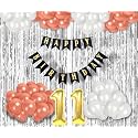 Flyloons 11th Birthday Decoration items for Girls with Rose Gold and White Balloons, Black Happy Birthday Banner, Silver Foil Curtain, Foil Balloon number 11