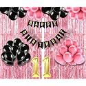 Flyloons 11th Birthday Decoration items for Girls with Black and Pink Balloons, Black Happy Birthday Banner, Pink Foil Curtain, Foil Balloon number 11