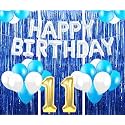 Flyloons 11th Birthday Decoration items for Girls with Blue and White Balloons, Silver Happy Birthday Banner, Blue Foil curtains, Foil Balloon number 11