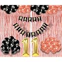 Flyloons 11th Birthday Decoration items for Girls with Black and Rose Gold Balloons, Black Happy Birthday Banner, Rose Gold Foil Curtain, Foil Balloon number 11
