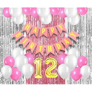 flyloons 12th birthday decoration items for girls with pink and white balloons pink happy birthday banner pink and silver foil curtain foil balloon number 12