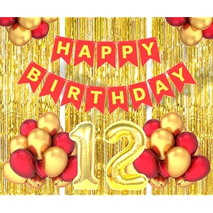 flyloons 12th birthday decoration items for girls boys husband wife valentine with gold and red balloons red happy birthday banner golden foil curtains foil balloon number 12