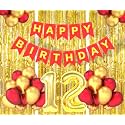 Flyloons 12th Birthday Decoration items for Girls Boys Husband Wife Valentine with Gold and Red Balloons, Red Happy Birthday Banner, Golden Foil curtains, Foil Balloon number 12
