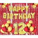 Flyloons 12th Birthday Decoration items for Girls Boys Husband Wife Valentine with Gold and Red Balloons, Golden Happy Birthday Banner, Red Foil curtains, Foil Balloon number 12