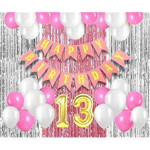 flyloons 13th birthday decoration items for girls with pink and white balloons pink happy birthday banner pink and silver foil curtain foil balloon number 13