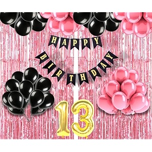flyloons 13th birthday decoration items for girls with black and pink balloons black happy birthday banner pink foil curtain foil balloon number 13