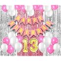 Flyloons 13th Birthday Decoration items for Girls with Pink and White Balloons, Pink Happy Birthday Banner, Pink and Silver Foil Curtain, Foil Balloon number 13