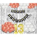 Flyloons 13th Birthday Decoration items for Girls with Rose Gold and White Balloons, Black Happy Birthday Banner, Silver Foil Curtain, Foil Balloon number 13