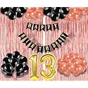 Flyloons 13th Birthday Decoration items for Girls with Black and Rose Gold Balloons, Black Happy Birthday Banner, Rose Gold Foil Curtain, Foil Balloon number 13