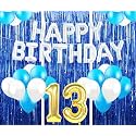 Flyloons 13th Birthday Decoration items for Girls with Blue and White Balloons, Silver Happy Birthday Banner, Blue Foil curtains, Foil Balloon number 13