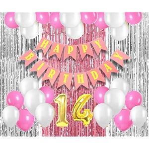 flyloons 14th birthday decoration items for girls with pink and white balloons pink happy birthday banner pink and silver foil curtain foil balloon number 14
