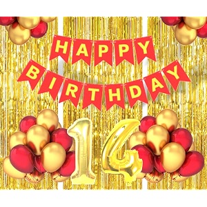 flyloons 14th birthday decoration items for girls boys husband wife valentine with gold and red balloons red happy birthday banner golden foil curtains foil balloon number 14
