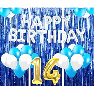 flyloons 14th birthday decoration items for girls with blue and white balloons silver happy birthday banner blue foil curtains foil balloon number 14