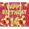 Flyloons 14th Birthday Decoration items for Girls Boys Husband Wife Valentine with Gold and Red Balloons, Golden Happy Birthday Banner, Red Foil curtains, Foil Balloon number 14