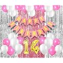 Flyloons 14th Birthday Decoration items for Girls with Pink and White Balloons, Pink Happy Birthday Banner, Pink and Silver Foil Curtain, Foil Balloon number 14