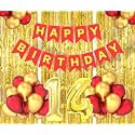 Flyloons 14th Birthday Decoration items for Girls Boys Husband Wife Valentine with Gold and Red Balloons, Red Happy Birthday Banner, Golden Foil curtains, Foil Balloon number 14