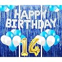 Flyloons 14th Birthday Decoration items for Girls with Blue and White Balloons, Silver Happy Birthday Banner, Blue Foil curtains, Foil Balloon number 14
