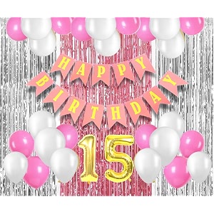 flyloons 15th birthday decoration items for girls with pink and white balloons pink happy birthday banner pink and silver foil curtain foil balloon number 15