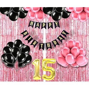 flyloons 15th birthday decoration items for girls with black and pink balloons black happy birthday banner pink foil curtain foil balloon number 15
