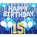 Flyloons 15th Birthday Decoration items for Girls with Blue and White Balloons, Silver Happy Birthday Banner, Blue Foil curtains, Foil Balloon number 15