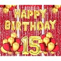 Flyloons 15th Birthday Decoration items for Girls Boys Husband Wife Valentine with Gold and Red Balloons, Golden Happy Birthday Banner, Red Foil curtains, Foil Balloon number 15