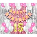 Flyloons 15th Birthday Decoration items for Girls with Pink and White Balloons, Pink Happy Birthday Banner, Pink and Silver Foil Curtain, Foil Balloon number 15