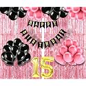 Flyloons 15th Birthday Decoration items for Girls with Black and Pink Balloons, Black Happy Birthday Banner, Pink Foil Curtain, Foil Balloon number 15